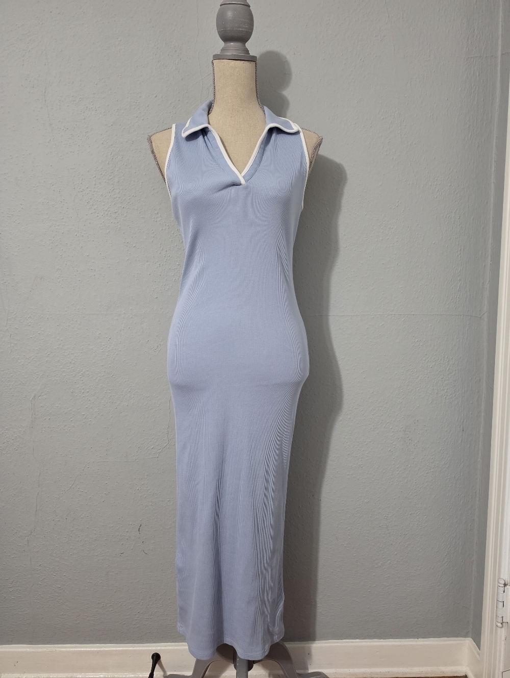 Veronica Beard Darien Sleeveless Polo Jersey Ribbed Knit Dress Bluebell Small
